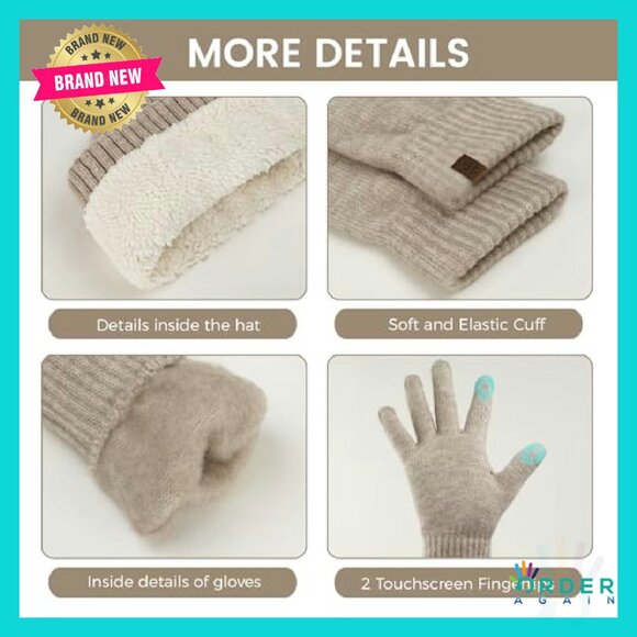 Fleece Lined Winter Set Touch Screen Gloves Knit Hat Scarf Chic - Picture 5 of 8